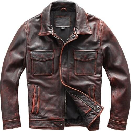 Factory 2019 New Vintage Brown Men Genuine Leather Jacket Fashion Thick Cowhide Slim Fit Jackets S-4XL FREE SHIPPING