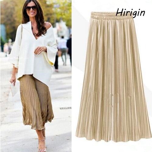 2020 Spring Summer Pleated Skirt Womens Vintage High Waist Skirt Solid Long Skirts Fashion Metallic long Skirts mujer vestidos