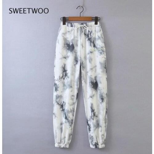 Women Tie Dye Printing Knitting Sports Pants 2021 New Female Letter Embroidery Loose Trousers