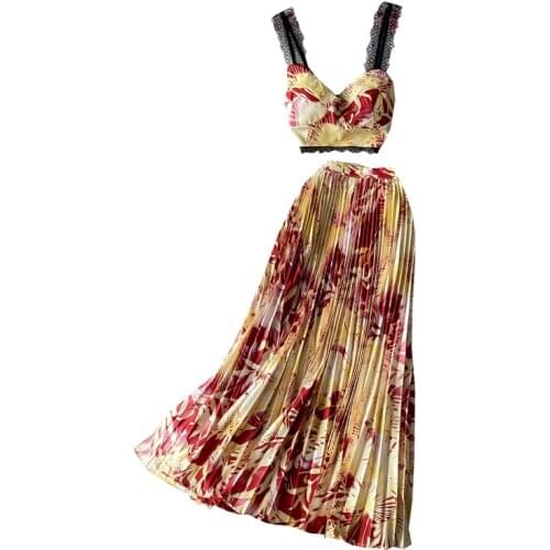 Bohemian Vacation Beach 2pcs Set Women Floral Printed Short Strapless Tops And High Waist Pleated Long Skirt Suit Spring Summer