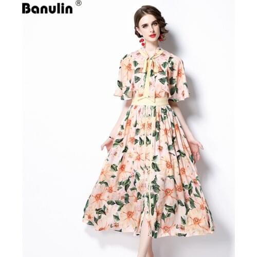 Runway Designer Holiday Dresses 2021 Summer Women Bawting Sleeve Bow Neck Vintage Floral Print Long Party Dress N68981