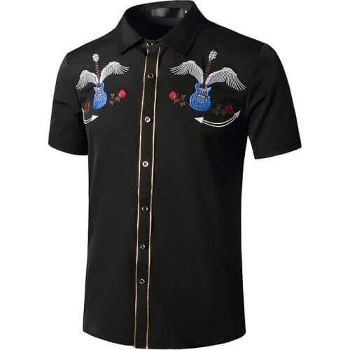 #4755 Black Khaki Blue White Mens Casual Shirts Short Sleeved Embroidery Denim Shirts Men Lapel Collar Mens Shirts Regular Fit