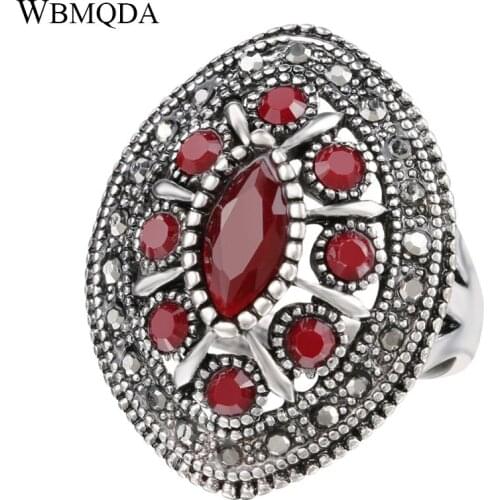Big Red Resin Rings For Women Retro Jewelry Antique Silver Plated Mosaic Gray Crystal Bohemia Ring Accessories Jewelry Wholesale