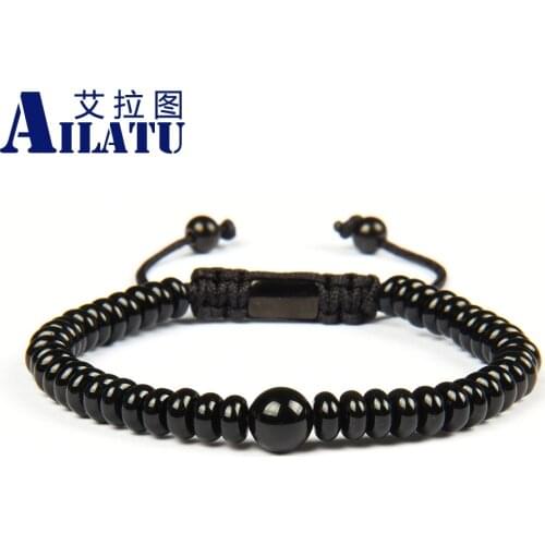 Ailatu Mens Bracelet Natural Black Onyx Flat bead Stone Macrame Adjustable Bracelet Nice Gift 6mm