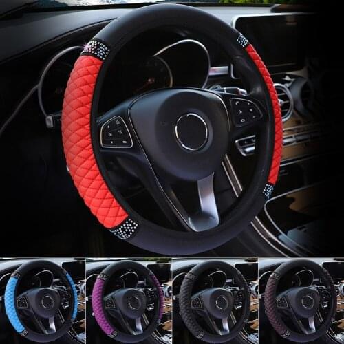 14.5" 15" Universal Car Steering Wheel Cover Faux Leather with Rhinestones Embroidery Color Car Styling Interior Accessories