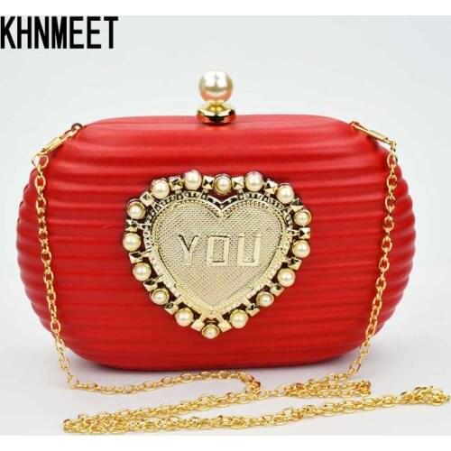 Black Pu Clutch Bags Chain Handbags Women Party Purse Red Box Heart Shoulder Bags Wristlets