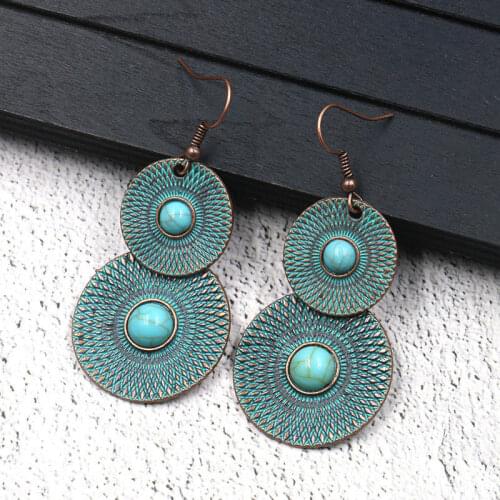 Gypsy Exotic Style Ethnic Boho Retro Round Bronze Earrings Ear Pendant Drop Turquoises Female Trendy Jewelry