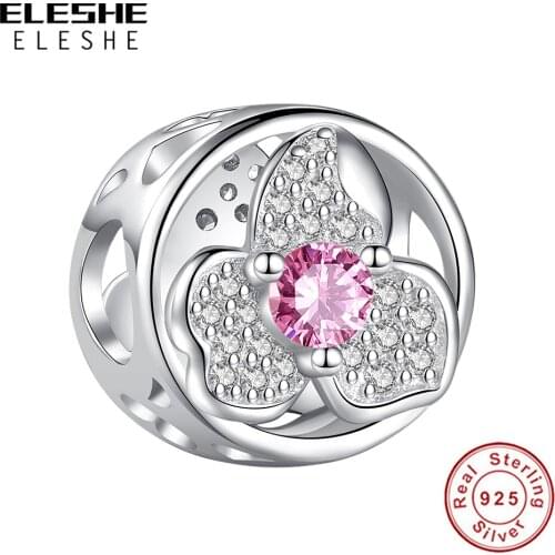 ELESHE Trendy Rose Flower Bead Real 925 Sterling Silver Crystal CZ Charm for Wemen fit Original Bracelets & Bangle DIY Jewelry