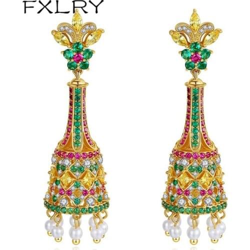 FXLRY Gorgeous Colorful Flower Big Drop Earrings for Women Wedding Tassel Dangle Earrings Fashion Jewelry