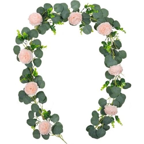 Artificial Flowers Garland,Eucalyptus Garland with Fake Poney for Wedding/Home/Party Garden,Hanging Craft Art Decor,2M