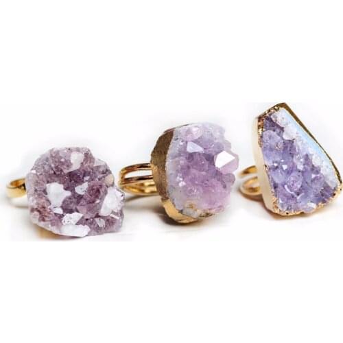 Druzy Fashion Natural Stone Ring purple Crystal Vintage Jewelry Color Ring for Women Party Gift Wedding