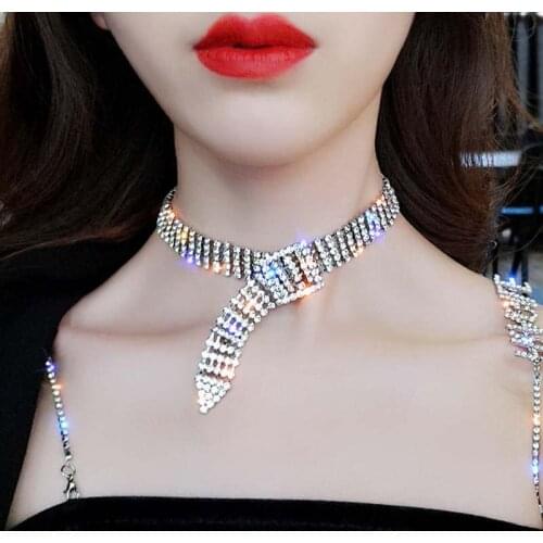 Bling Choker Pendant Necklace Bracelet Bangle for Woman Party Jewelry Belt Rhinestone CZ Female Collier Necklaces Hand wristBand