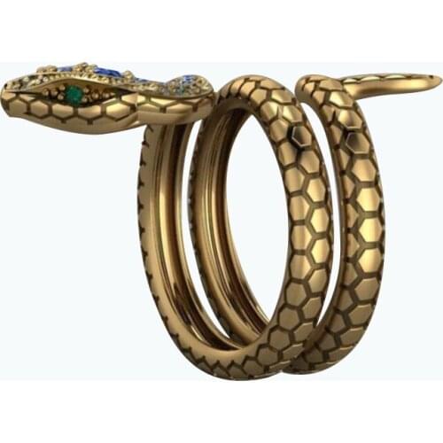 Megin D Yellow Gold Plated Punk Blue Crystal Eyes Evil Animal Snake Vintage Bague Rings for Women Men Couple Friend Gift Jewelry
