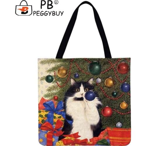 Fashion Christmas Cat Cute Dog Summer Scenery Printed Shoulder Shopping Tote Bag Casual Large Capacity Linen Storage Handbags