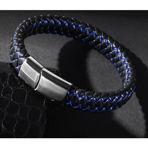 MOZO FASHION HOT Sale Men Black Leather Bracelet Stainless Steel Bracelets & Bangles Unisex Punk Blue Charm Jewelry Gift 154
