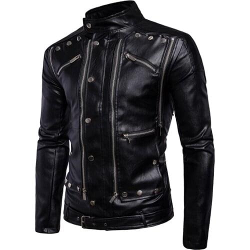 Plus Size Mens Biker Jacket Multi-zipper Gothic Punk Faux Leather Coat Slim Fitting Men Jackets Black N089