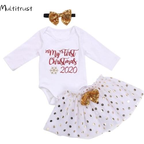 My 1st Christmas Clothes Newborn Baby Girl Long Sleeve Bodysuit Tops Polka Dot Tutu Skirt Headband 3PCS Xmas Clothing Set