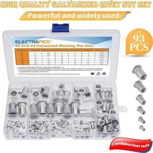93pcs Aluminum Rivet nuts Set Nutserts Threaded Insert Nutsert Cap Flat Head Rivet Nuts M3 M4 M5 M6 M8 M10