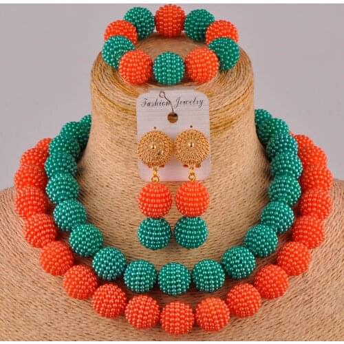 Army green and orange nigerian beads costume african jewelry set simulated pearl FZZ106