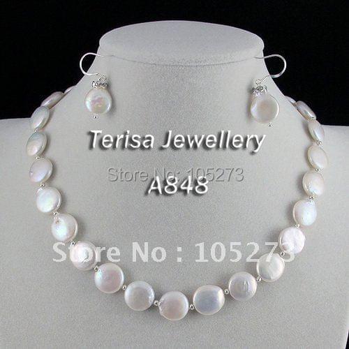 New Free Shipping .# AA 13-14mm 18"inch White Color Coin Shaper Fresh Water Pearl Necklace 100% Real Pearls. Pearls Necklace