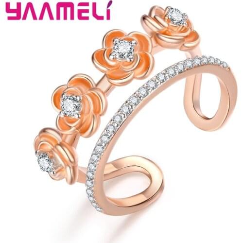 New Sale 925 Sterling Silver Austria Crystal Ring Rose Gold Anel for Women Opening Adjustable Anillo Rose Wedding Accessories