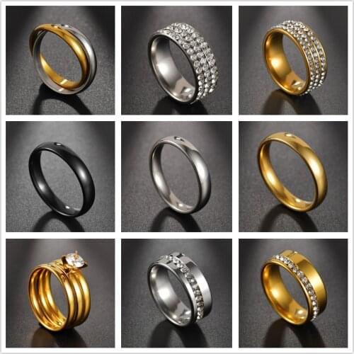 New Stainless steel Crystal Gold Smooth Romantic Simplicity Couple Rings Women Men Wedding Party Unique Fine Cute Jewelry