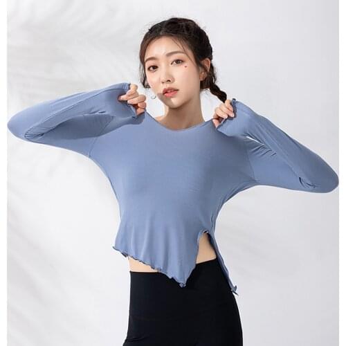 Solid Long Sleeves Sport Shirt Two Ways Wear Ruffled Collar Crop Top Women Fitness Gym Slim Running Clothes