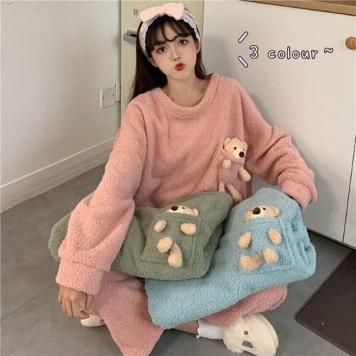 Winter Cute Plushpajamas Woman Set Pajamas Women 2020 Autumn and Winter New Coral Velvet Thickened Plus Velvet Home Service