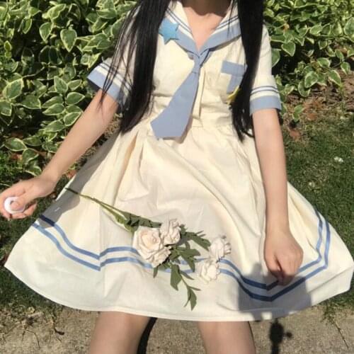 Japanese College Wind Sweet Contrast hai jun ling Short-Sleeved High-Waisted Wild Students by Age JK Doll Dress Female Summer