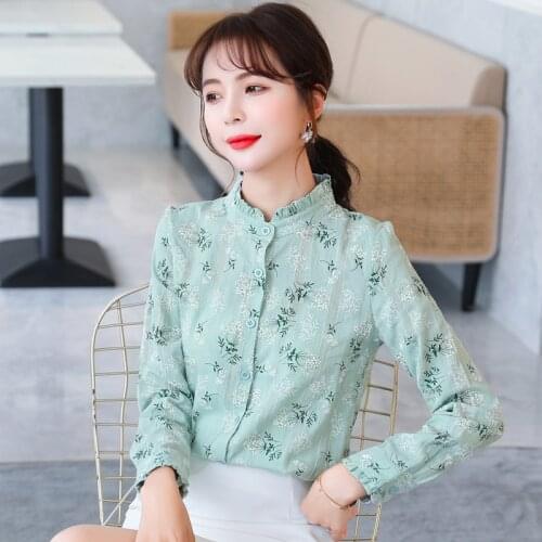 Cotton 100% Floral Women Shirts Summer Vintage 2021 Ruffles Neck Long-Sleeved Slim Office Lady Outwear Coats Tops Oversized 4XL