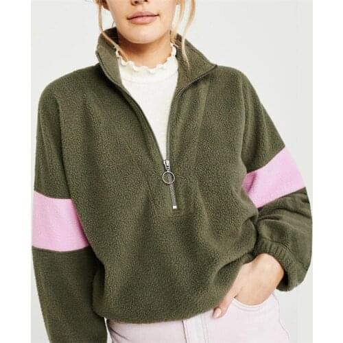 European And American Autumn Winter New Leisure Zipper Stitching Contrast Color Long-Sleeved Ladies Hoody Stand-Up Collar Top
