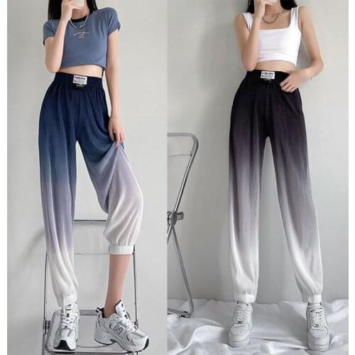 Ice Silk Drape Pleated Pants Womens Summer 2021 Womens Wide-leg Pants Gradient Color High-waist Leggings Loose Casual Pants