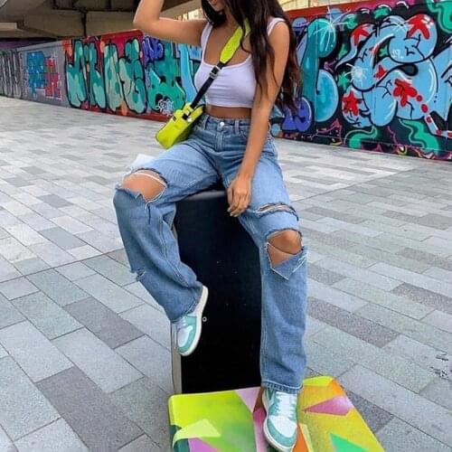 Women 2021 Fashion Hole Jeans Sexy Baggy Denim Pants High Waist Loose Wide Leg Pants Summer Casual Straight Trouser Streetwear