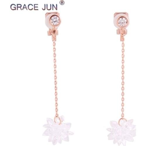 2018 New Arrival Gold Color Cubic Zircon Flower Clip on Earrings for Women Fashion Long Chian No Pierced Earrings Charm Jewelry