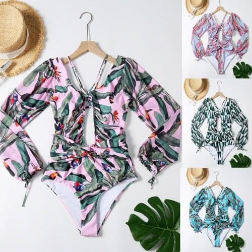 Womens Swimsuit Fashion Sexy Gathered One-Piece Printed Bikini 2021 Womens Long Sleeve Swimsuit Womens Backless Beachwear
