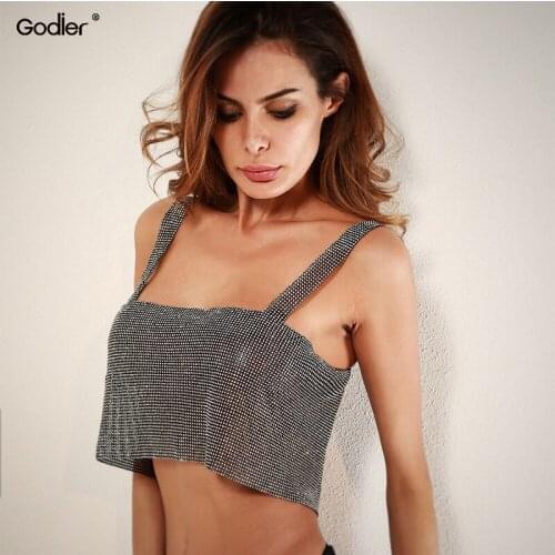 Godier 2020 Crystal Diamond Sexy Backless Women Crop Tops Halter Tank Camis Cropped Bra Crop Top Strap Lady Party Vest T Shirt