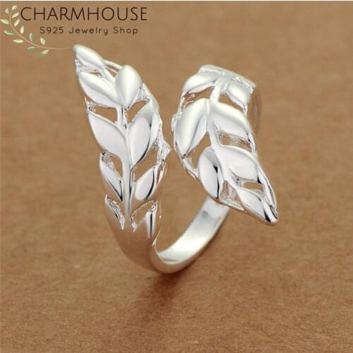 Pure 925 Silver Rings For Women Wedding Band Double Leaf Finger Ring Bague Femme Anillo Bridal Engagement Rhinestone Jewelry