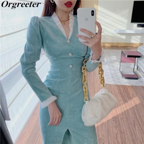 Solid Elegant Corduroy Dresses Women Fall Winter Patchwork Lace Party Dress Retro Sweet Beaded Slim Bodycon Split Pencil Dress