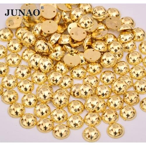 JUNAO 10mm Sewing Gold Round Rhinestones Strass Applique Flatback Acrylic Gems Sew On Golden Crystal Stones for Dress DIY Crafts