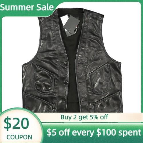 2021 Black Japan Casual Style Genuine Leather Vest Men Plus Size 5XL Real Natural Thin Sheepskin Summer Slim Fit Short Coat