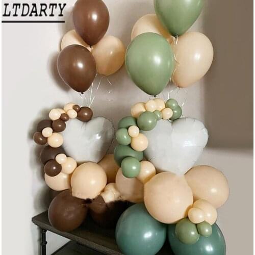 35pcs Coffee Brown Avocado Green Balloon Set 18 Inch White Heart Shaped Aluminum Foil Balloon Baby Shower Kids Birthday Party