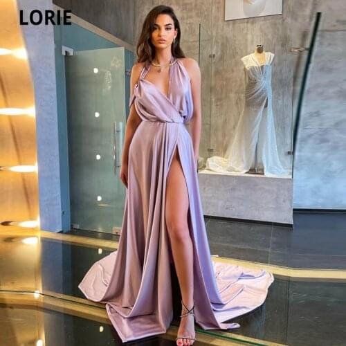 LORIE Halter Satin Evening Dresses 2021 Robe De Soirée De Mariage Simple Design Cheap Side Split Evening Party Gowns Court Train