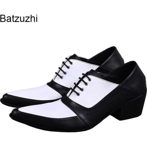 Batzuzhi 6.5cm Heels Mens Shoes Fashion Lace-up Genuine Leather Dress Shoes Men Black White Business, Party Shoes Men, Big Size