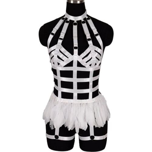 Body Bondage Harness Feather Set Sexy Women Chest Cage Bra Lingerie BDSM Erotic Corset Stocking Garter Belt Dance Wear Club Rave