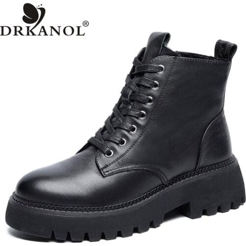DRKANOL Fashion Women Martin Boots 2021 Autumn Winter Genuine Leather Thick Heel Platform Warm Casual Ankle Boots Female H20-15