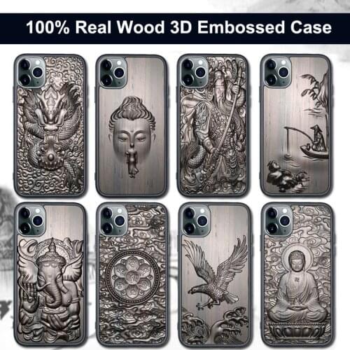 Sandalwood Case for iPhone 12 Pro Max Mini 11 XS Max XR SE 2020 X 7 8 Plus Phone Cases 3D Relief Embossed Wolf Tiger Fish Cover