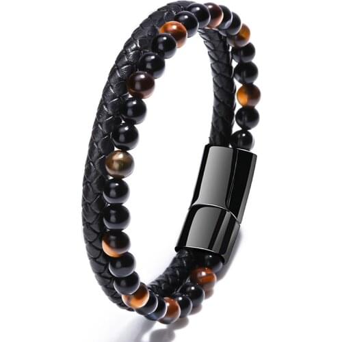 Fashion 2020 New Tiger Eye Stone Leather Mens Bracelet Punk Style Strong Magnetic Button Birthday Gift Bracelet