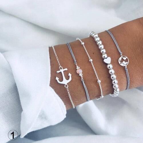 5 Pcs Set Bohemian Silver Color beads Bracelet Set for Women Multilayer Pendant Bracelets Heart Map Beads chains Bangle Jewelry