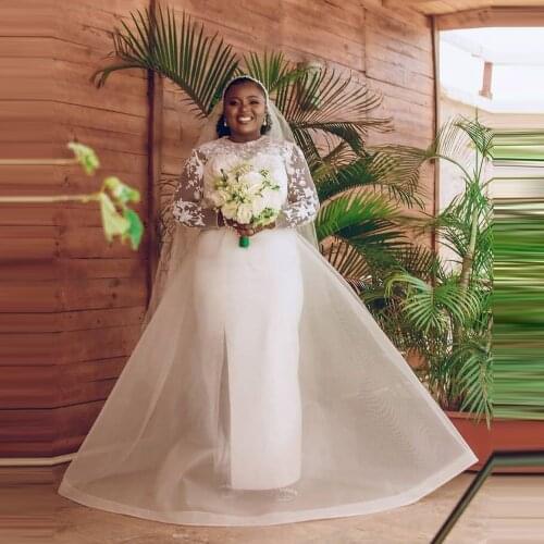 New Designer Wedding Dresses Plus Size Long Sleeves Organza Overskirt Long Flowers Wedding Gowns 2021