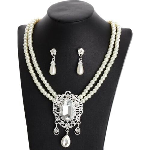 Romantic Simulated Pearl Rhinestone Gem Jewelry Sets Beads Multi-layer Chain Blue Stone Oval Pendant Necklace Pearl Earrings